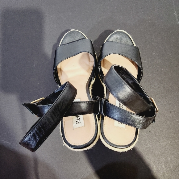 Steve  madden  black  espadrille  wedge platform leather sandals size 8 - Picture 4 of 10